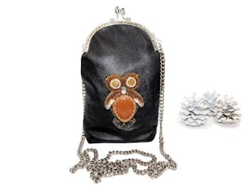 owl bead-embroidered leather purse