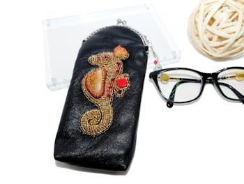 embroidered seahorse leather glasses case