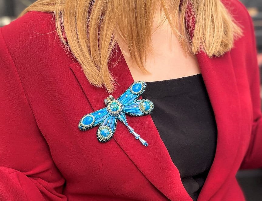 bead-embroidered shibori dragonfly brooch