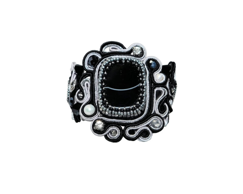 Handmade Bead Embroidered Soutache Bracelet with Onyx Agate