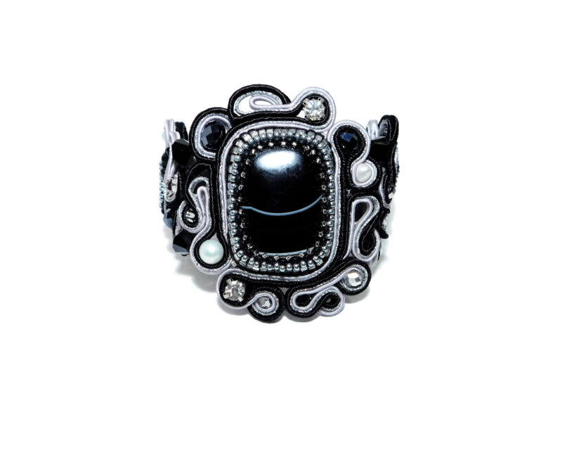 Handmade Bead Embroidered Soutache Bracelet with Onyx Agate