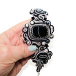 Handmade Bead Embroidered White Black Soutache Bracelet