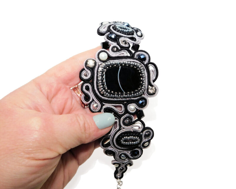 Handmade Bead Embroidered White Black Soutache Bracelet