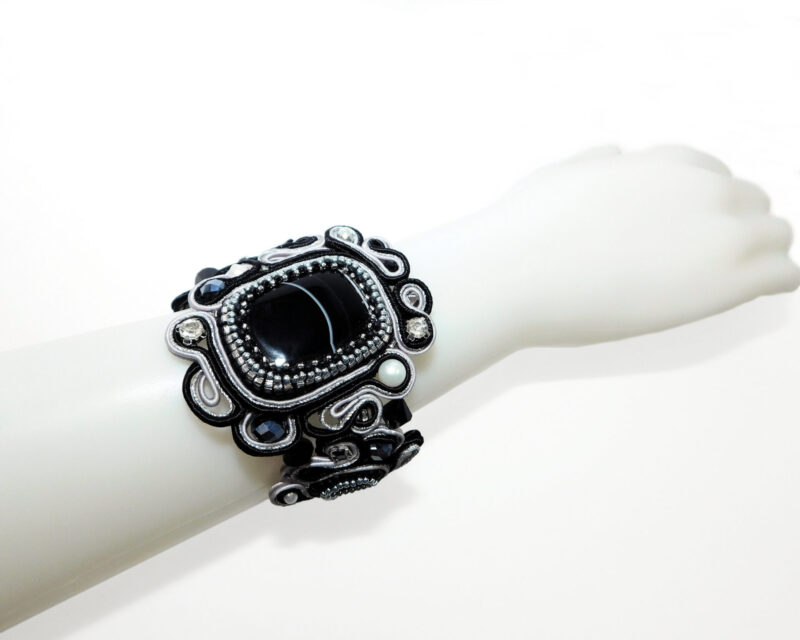 Handmade Bead Embroidered White Black Soutache Bracelet