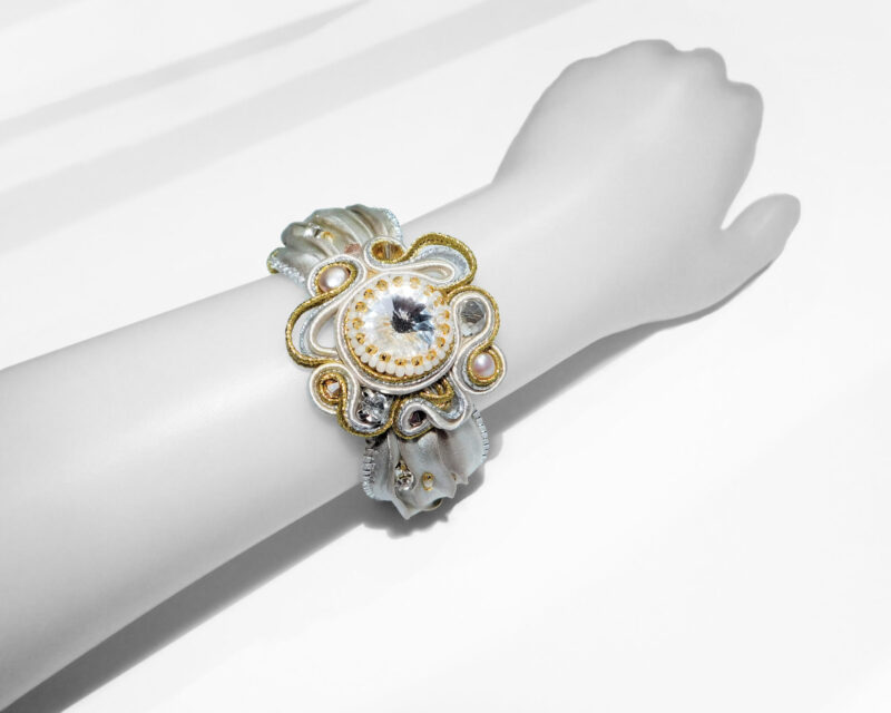 Bead Embroidered Soutache Cuff Bracelet with Shibori Silk