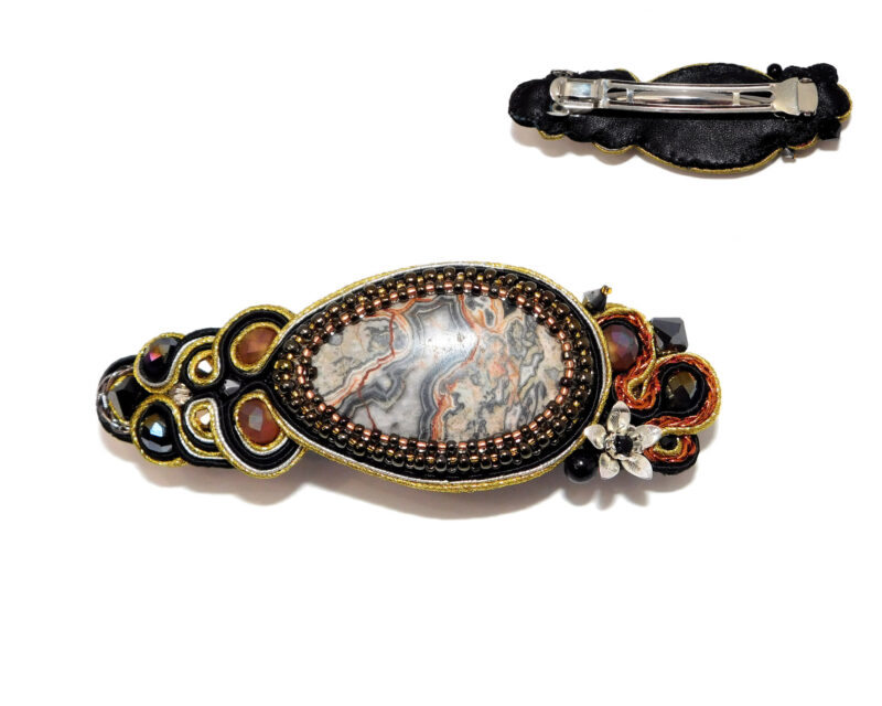 Handmade Bead Embroidered Large Soutache Agate Barrette