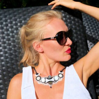 white black gemstone bib necklace