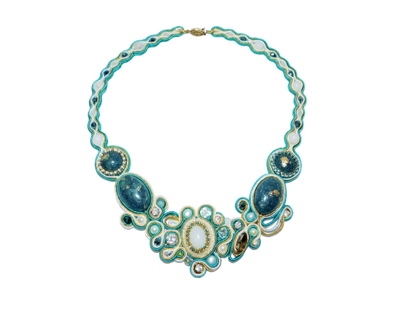 Soutache turquoise white bib necklace