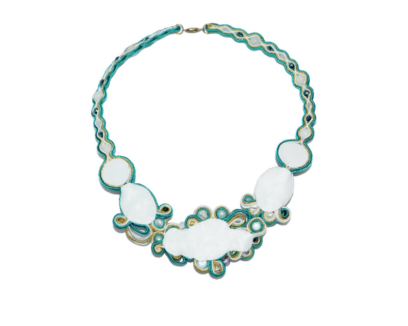 white aqua gold bib necklace