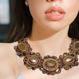 bead embroidered soutache jasper bronzite bib necklace