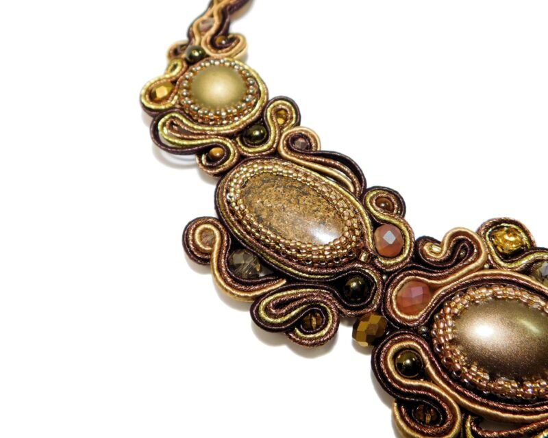 bead embroidered soutache jasper bronzite bib necklace