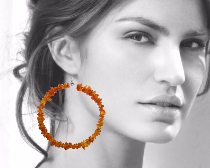 Silver Baltic Amber Large Hoop Earrings