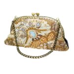 Handmade Bead-Embroidered Leather Kiss-Lock Clutch Bag with Agate Pearls Chain Strap