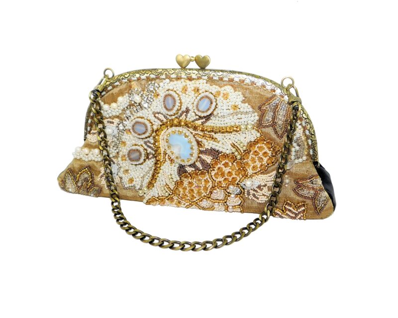 Handmade Bead-Embroidered Leather Kiss-Lock Clutch Bag with Agate Pearls Chain Strap