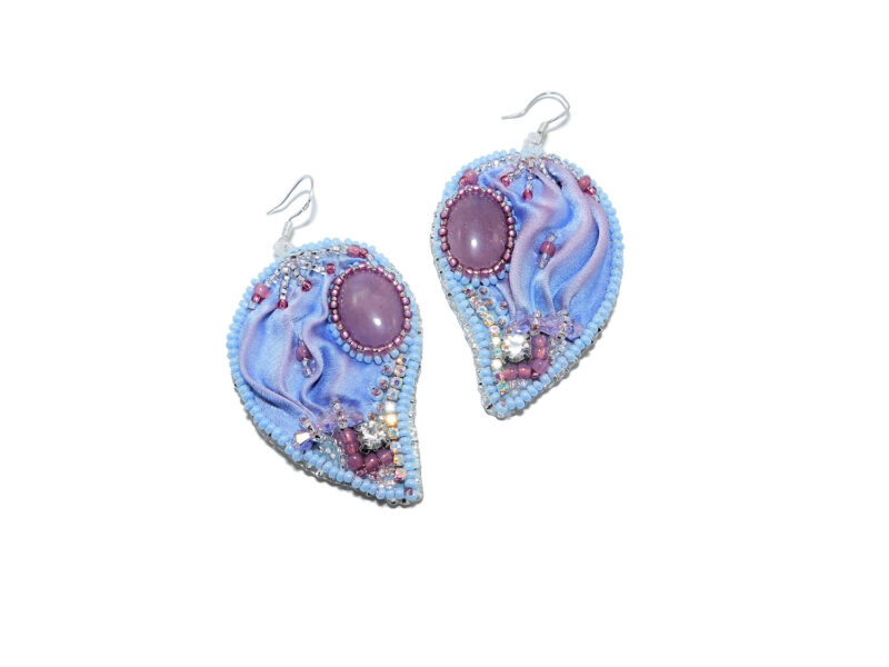 bead-embroidered shibori silk pink purple earrings