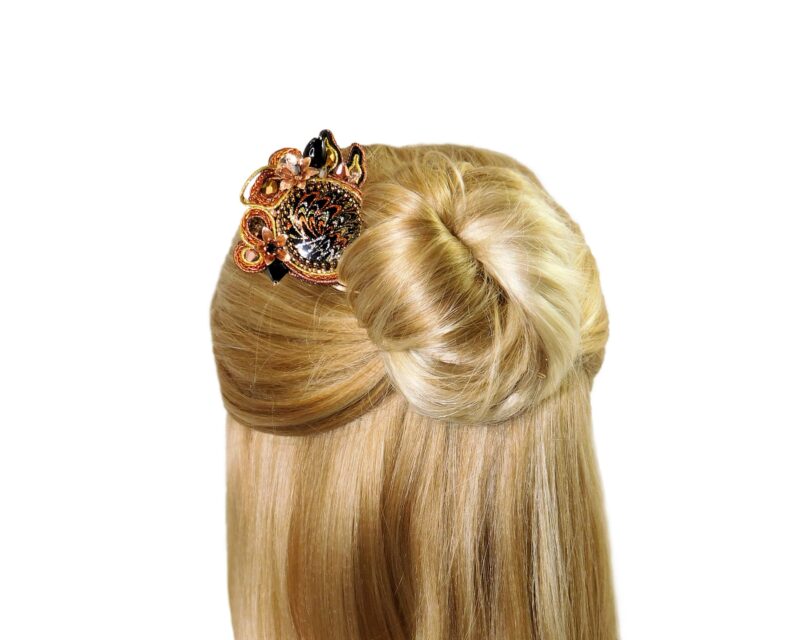 soutache black rose gold long metal hair comb