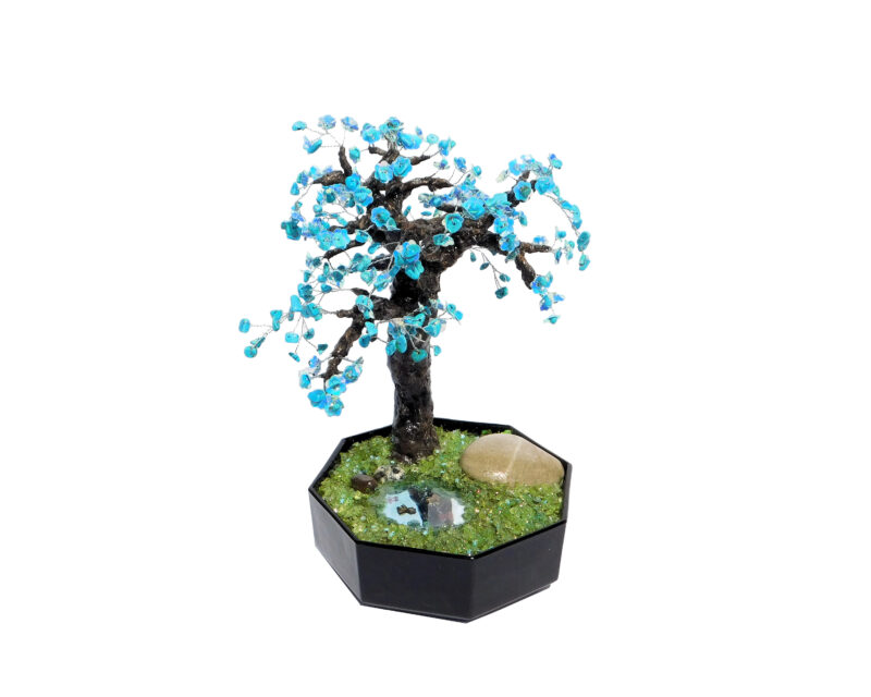 Handmade 9.7" Blue Magnesite Blooming Bonsai with Fishpond Turquoise Gem Wire Artificial Tree Office Mantel Shelf Decor Gift Beaded Garden