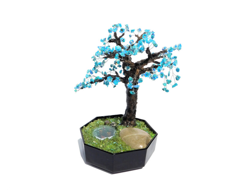 Handmade Blue Magnesite Blooming Bonsai with Fishpond Turquoise Gem Wire Artificial Tree Office Mantel Shelf Decor Gift Beaded Garden