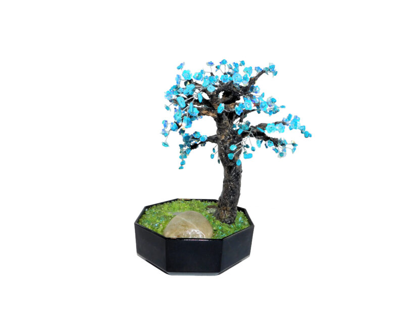 Handmade 9.7" Blue Magnesite Blooming Bonsai with Fishpond Turquoise Gem Wire Artificial Tree Office Mantel Shelf Decor Gift Beaded Garden