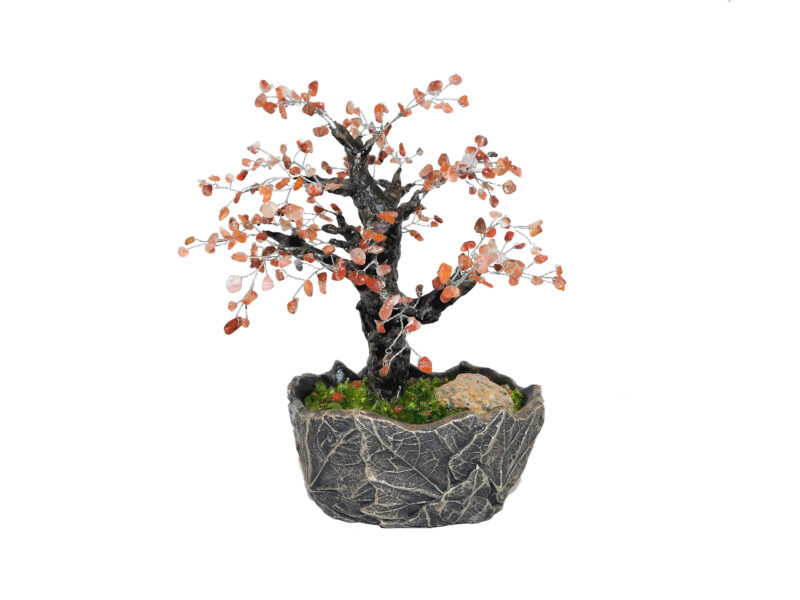 Fall Autumn Carnelian Bonsai in Pot Gemstone Feng Shui Artificial Wire Tree Office Shelf Decor Mantel Centerpiece Gift Beaded Garden