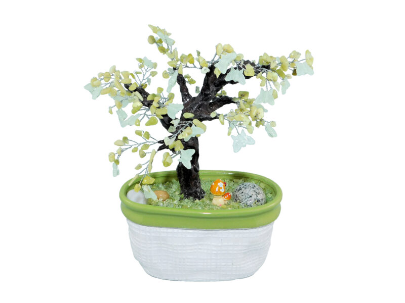 Serpentine jade Bonsai in Pot Gemstone Feng Shui Artificial Wire Tree Office Shelf Decor Mantel Centerpiece Gift Beaded Garden