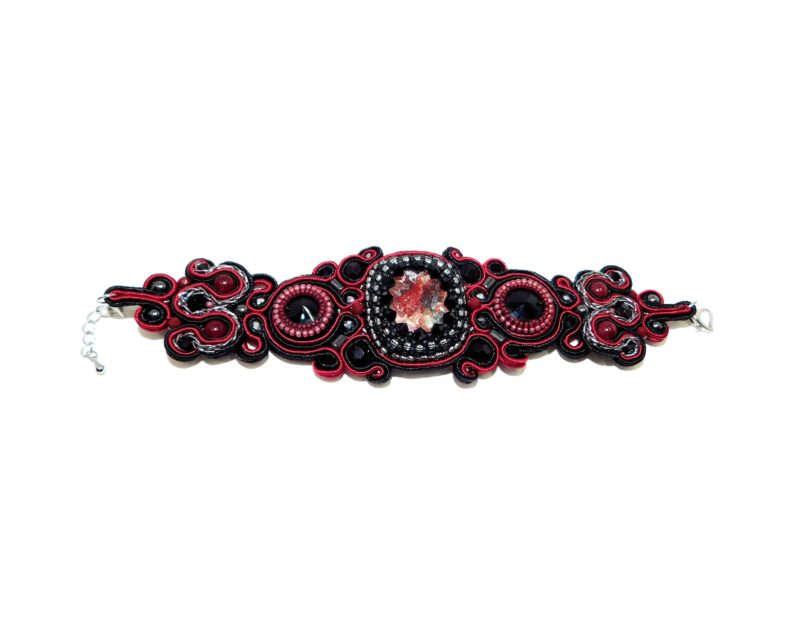 Handmade Bead Embroidered Soutache Bracelet with Jasper Agate Hematite Unique Woman Gift