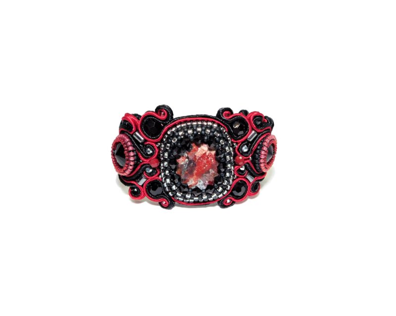 Handmade Bead Embroidered Soutache Bracelet with Jasper Agate Hematite Unique Woman Gift