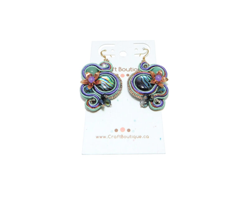 Bead Embroidered Gold-Filled Soutache Earrings with Paua Shell Green Aventurine