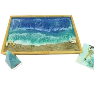 3Pcs Epoxy Resin Gift Set with Tray Ring Holder Sea Turtle Keychain Handbag Charm Tropical Ocean Sea Wave Beach Home Cottage Decor