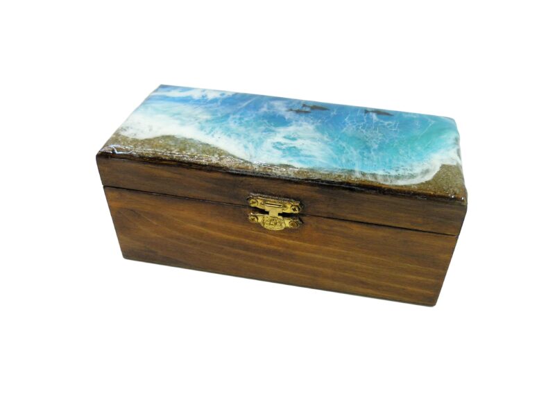Handmade Epoxy Resin Ocean Wave Wooden Jewellery Box with Dolphins Trinket Keepsake Jewelry Holder Sea Nautical Beach Home Decor Unique Gift