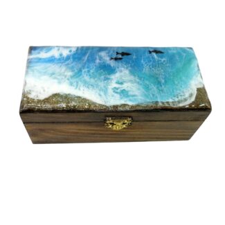 Handmade Epoxy Resin Ocean Wave Wooden Jewellery Box with Dolphins Trinket Keepsake Jewelry Holder Sea Nautical Beach Home Decor Unique Gift