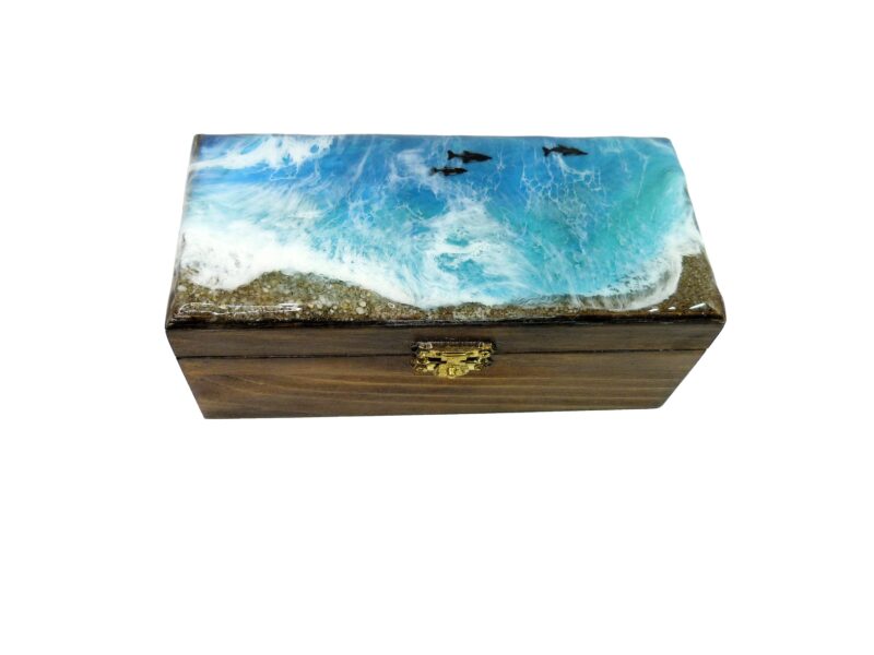 Handmade Epoxy Resin Ocean Wave Wooden Jewellery Box with Dolphins Trinket Keepsake Jewelry Holder Sea Nautical Beach Home Decor Unique Gift
