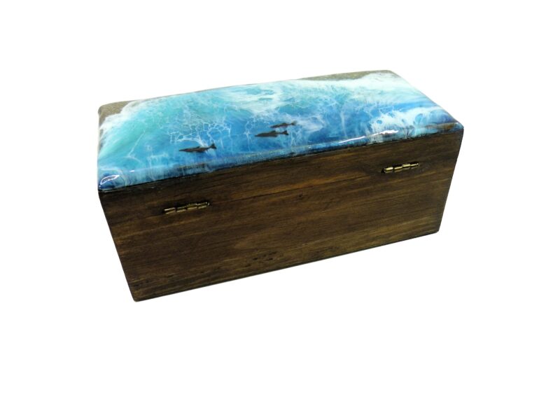Handmade Epoxy Resin Ocean Wave Wooden Jewellery Box with Dolphins Trinket Keepsake Jewelry Holder Sea Nautical Beach Home Decor Unique Gift