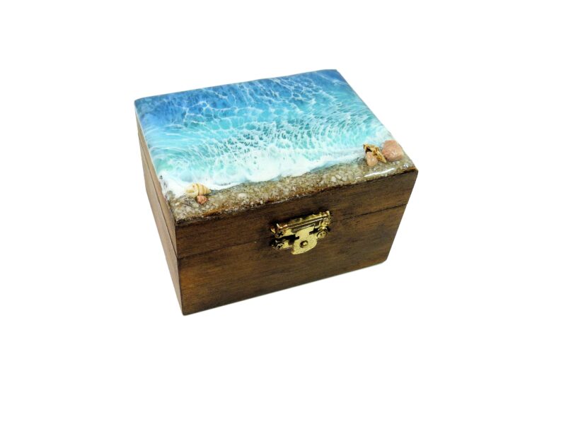 Handmade Small Ocean Wave Epoxy Resin Wooden Jewellery Box Unique Keepsake Trinket Jewelry Ring Organizer Nautical Beach Gift