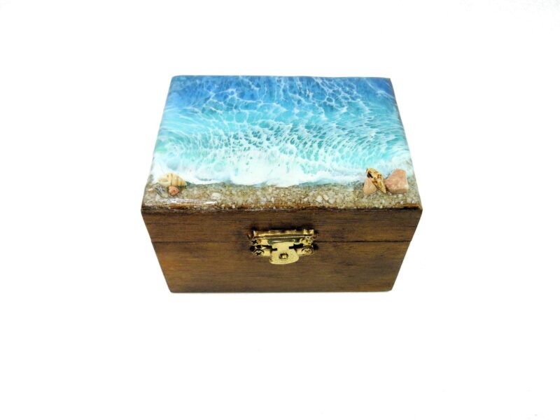 Handmade Small Ocean Wave Epoxy Resin Wooden Jewellery Box Unique Keepsake Trinket Jewelry Ring Organizer Nautical Beach Gift