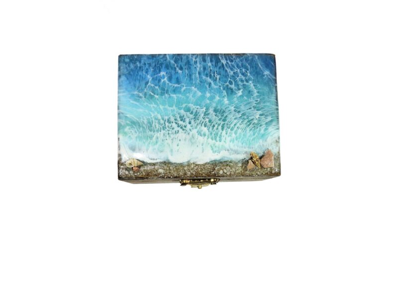 Handmade Small Ocean Wave Epoxy Resin Wooden Jewellery Box Unique Keepsake Trinket Jewelry Ring Organizer Nautical Beach Gift