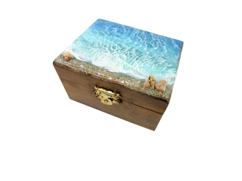 Handmade Small Ocean Wave Epoxy Resin Wooden Jewellery Box Unique Keepsake Trinket Jewelry Ring Organizer Nautical Beach Gift